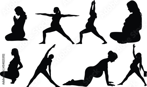 Prenatal Yoga Silhouette Collection: Pregnancy Exercise Poses, Featuring Stretching, Balancing, and Relaxation Stances, Perfect for Maternity Fitness and Wellness Designs