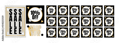 Vector set of stylish black, gold and gray sale tags and discount labels ranging from 5% to 90% off, with bold typography and geometric accents, for promotions and e-commerce.