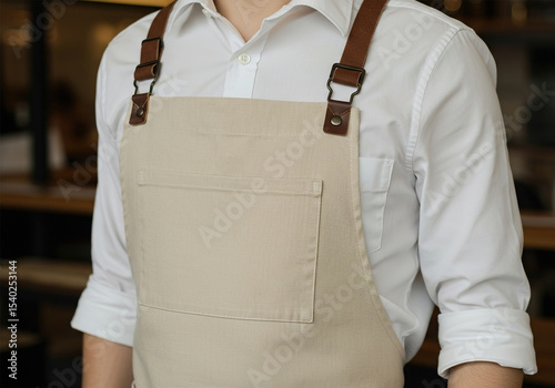 Man wearing beige linen apron mock up in the modern kitchen, chef uniform for cooking photo
