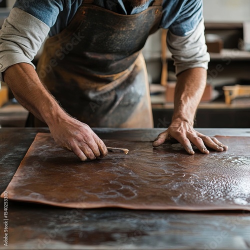 An experienced tanner at his master class shows how to work with leather, lays it out on the table.