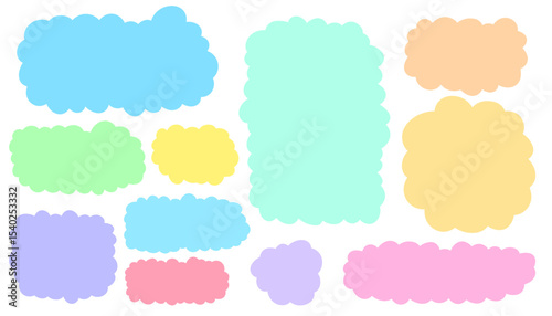 Set of colorful cloud-shaped frames. Hand drawn cartoon style borders for text or notes. Vector illustration of speech bubble clouds. Decorative elements isolated on white.