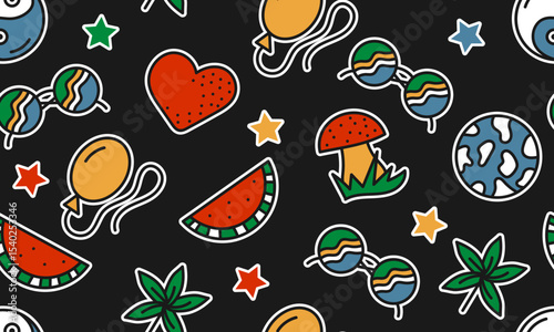 Seamless pattern with randomly placed cartoon groovy stickers on black background. Version 2. Vector illustration