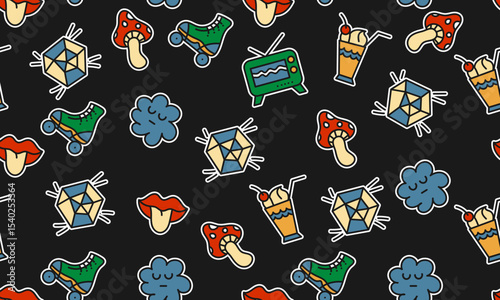 Seamless pattern with randomly placed cartoon groovy stickers on black background. Vector illustration