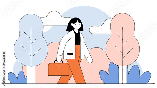 Woman Walking in Park with Briefcase