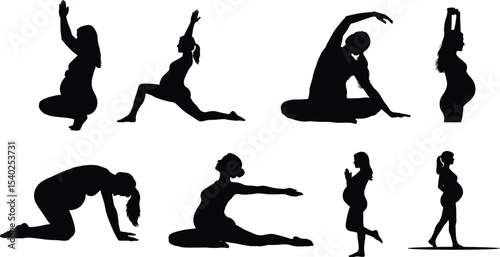 Prenatal Yoga Silhouette Set: Pregnancy Exercise Poses, Including Stretching, Balancing, and Relaxation Moves, Ideal for Maternity Wellness and Fitness Design Themes