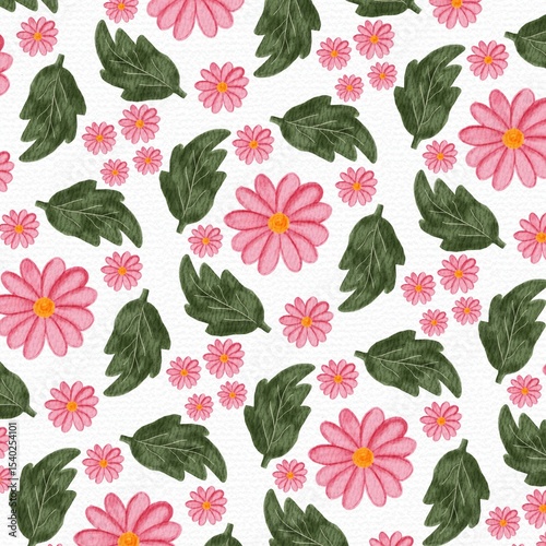 Fototapeta Naklejka Na Ścianę i Meble -  Seamless pattern of pink daisy flowers and green leaves in watercolor style. Hand-painted floral background, perfect for fabric, wallpaper, wrapping paper, and spring-themed design projects