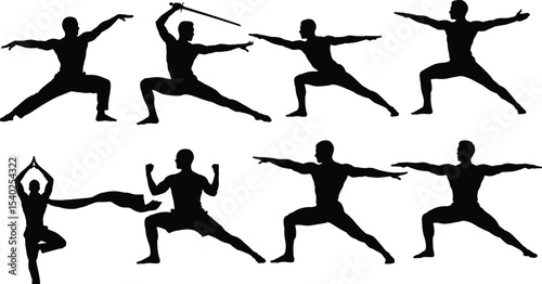 Martial Arts Silhouette Collection: Dynamic Kung Fu and Karate Poses, Featuring Kicks, Strikes, and Stances, Perfect for Action, Self-Defense, and Fitness Design Themes