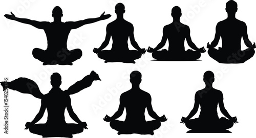 Yoga Silhouette Collection: Meditation and Relaxation Poses, Featuring Cross-Legged, Arms Raised, and Dynamic Stances, Perfect for Wellness, Mindfulness, and Spiritual Practice Themes