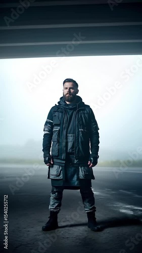 Bearded man stands still with fog in the background as the camera arcs left. Slow motion. 4K.
