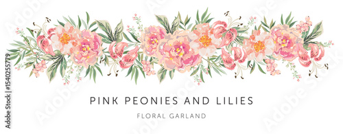 Pink peony and lily flowers, currant berries, green leaves, white background. Garland template with text. Vector illustration. Floral banner. Summer border design 