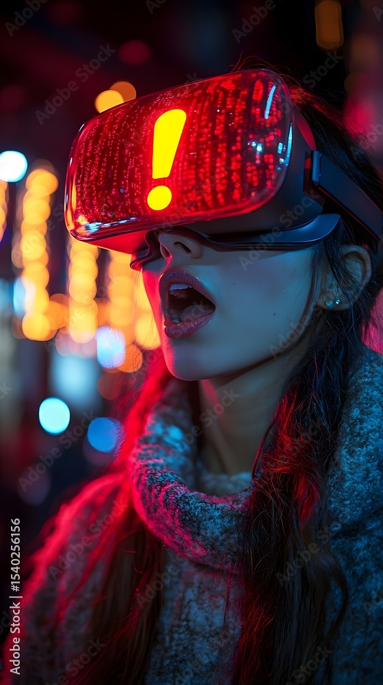 Woman in VR Headset Amazed by Futuristic Exclamation Mark Woman in VR Headset Amazed by Futuristic Exclamation Mark