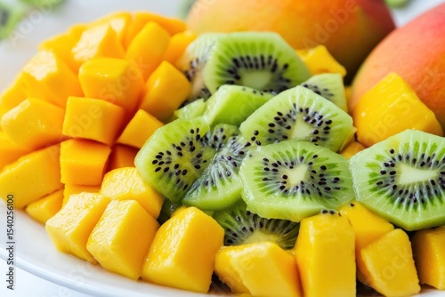 Fresh fruit salad featuring kiwi, orange and other healthy juicy and sweet tropical fruits on a white plate