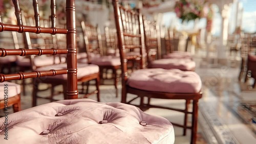 Elegant wedding chairs with soft pink cushions and rose bouquet decorations