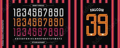 Falcon 39: Bold orange numbers with a stripe inline. Features white A-Z characters on a black background. A dynamic design for modern jersey styles.