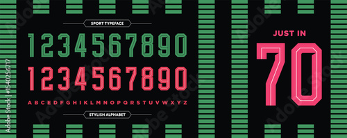 Just In 70: Retro modern number stylish sport concept. Jersey design with custom green and pink numbers. Vector illustration in stripes yellow hues background