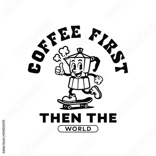 Retro moka pot skateboarding the streets. T shirt, poster, sticker, print vector design