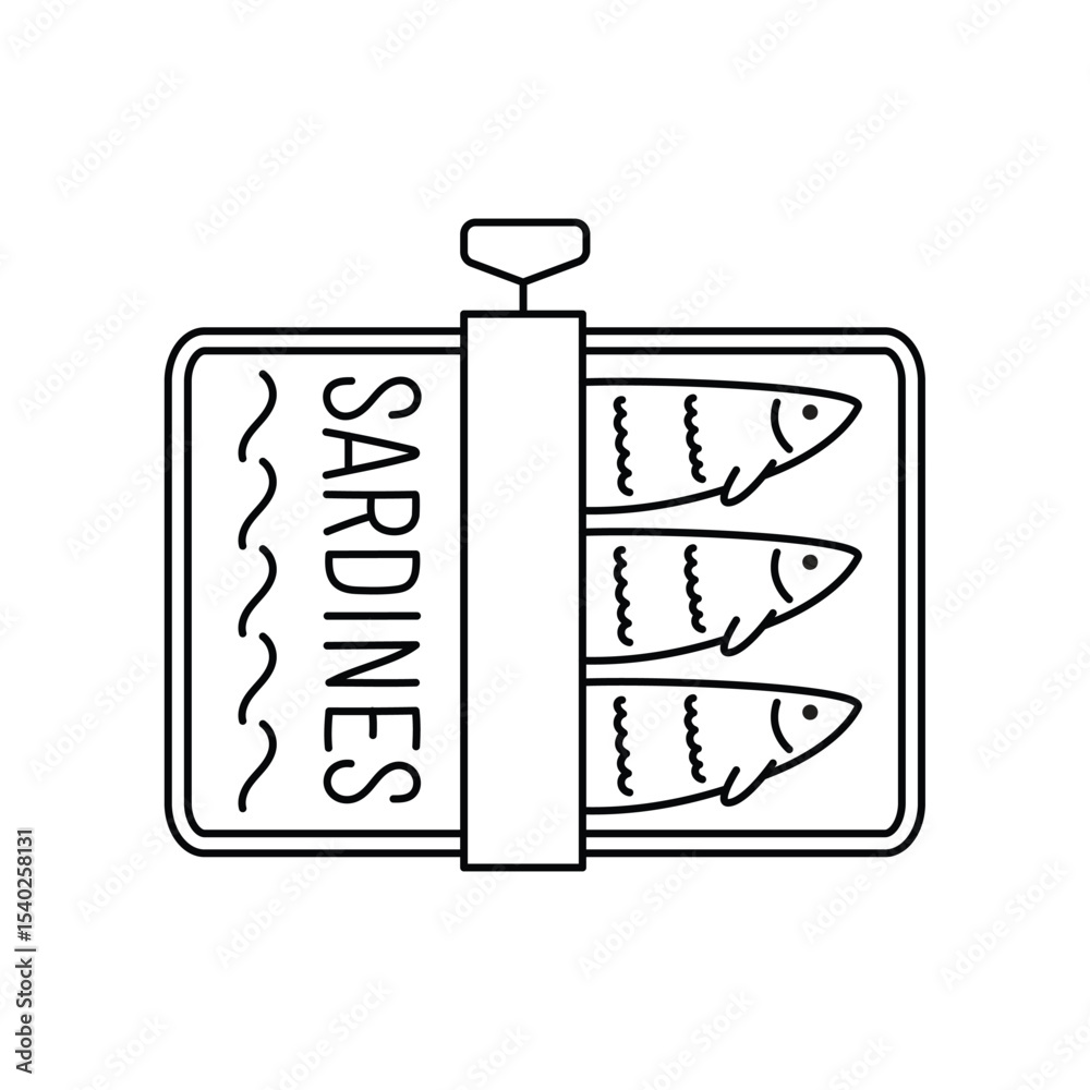 Fototapeta premium Hand drawn outline sardines fish in a can. Editable stroke. Doodle drawing for menu design, print, poster, banner.