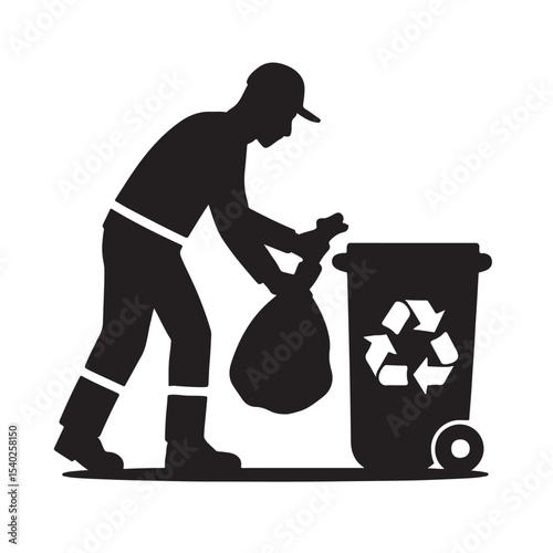 Man Disposing Garbage in Recycling Bin Vector Silhouette Illustration
