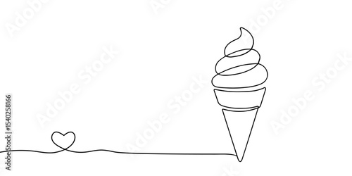 Ice cream continious line concept. Frozen dessert and delicacy for hot weather and summer season. Waffer cone with balls. Linear flat vector illustration isolated on white background