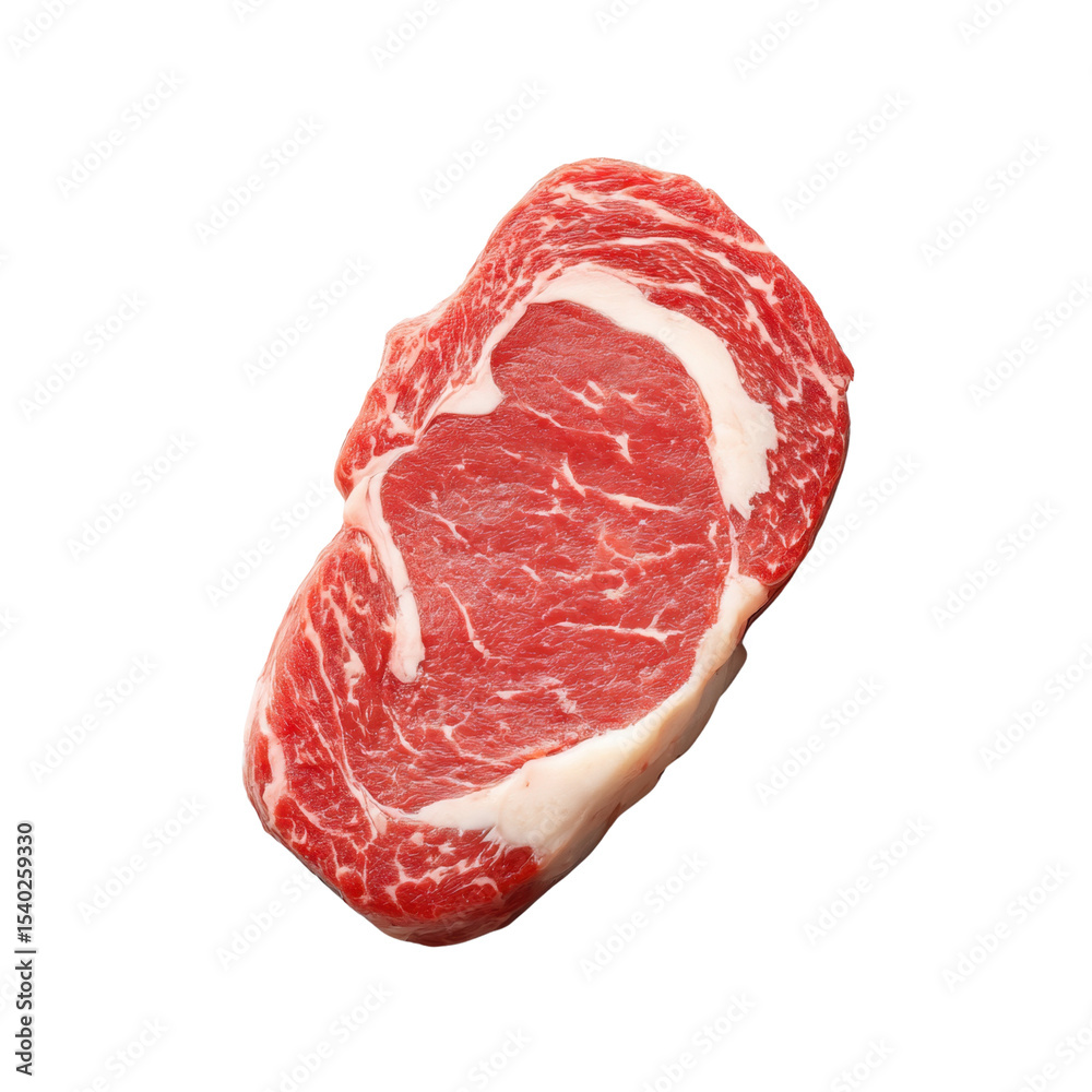 Fototapeta premium Freshly Cut Ribeye Steak with Marbled Texture on a White Background for Culinary and Cooking Inspiration Transparent background or png