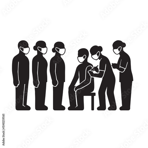 People Getting Vaccinated Silhouette with Medical Staff Vector Illustration Icon