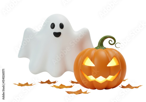 Isolated Halloween Ghost and Jack-o'-Lantern with Autumn Leaves