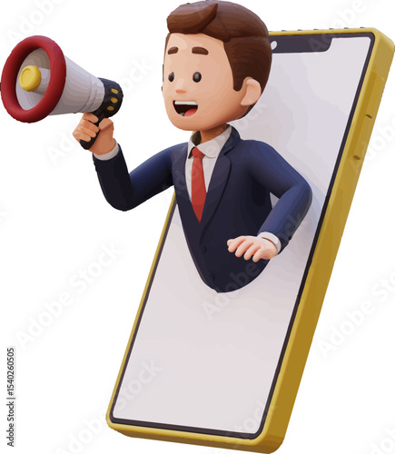 Digital Announcement: A stylized 3D render depicts a well-dressed figure emerging from a smart device, utilizing a megaphone for amplified promotion.