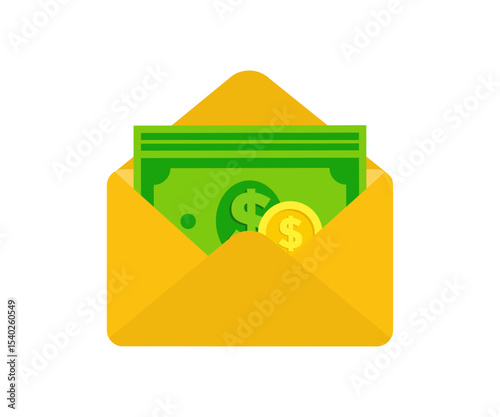 Envelope contains cash and coins icon. Flat illustration of money envelope. Envelope with money vector design and illustration.
