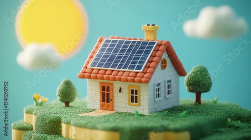 A miniature house with solar panels on the roof sits on a grassy hill under a bright sun and blue sky with clouds.