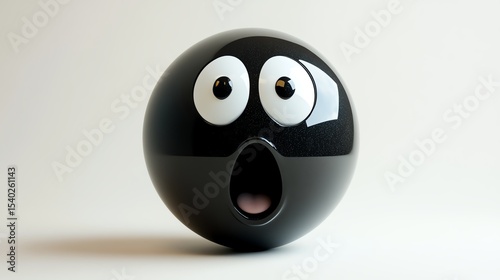 A shiny black sphere with wide, surprised cartoon eyes and an open mouth expressing shock or amazement on a plain white background.