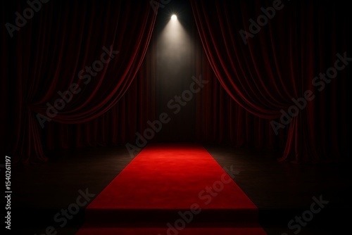 Red velvet curtains stage with spotlight and red carpet runner