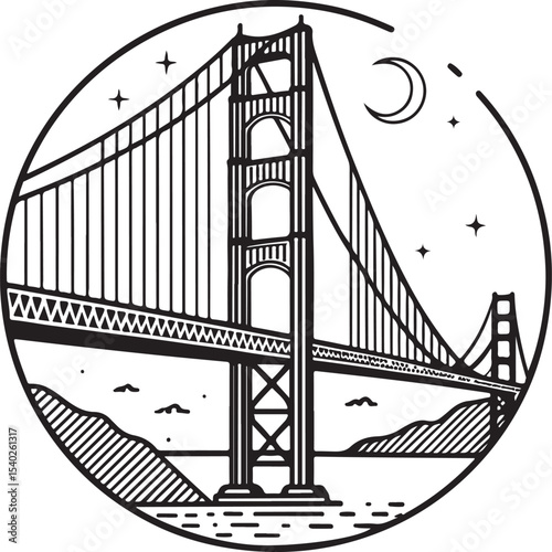 Golden Gate Bridge Vector Illustration, Sketch Drawing Line Linear Symbol Icon Engraving Coloring Book, Hand-drawn Black and White Isolated