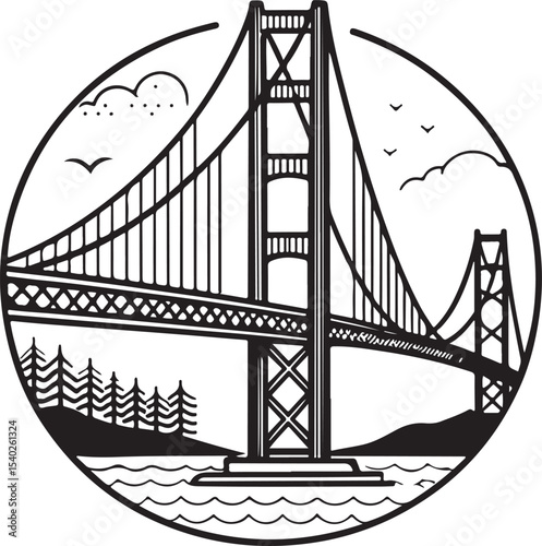 Golden Gate Bridge Vector Illustration, Sketch Drawing Line Linear Symbol Icon Engraving Coloring Book, Hand-drawn Black and White Isolated