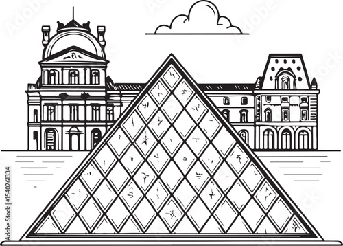 Louvre Pyramid Vector Illustration, Sketch Drawing Line Linear Symbol Icon Engraving Coloring Book, Hand-drawn Black and White Isolated
