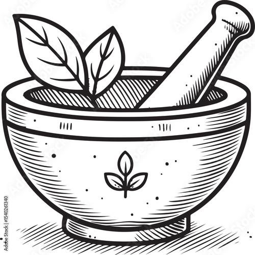 Mortar and pestle Vector Illustration, Sketch Drawing Line Linear Symbol Icon Engraving Coloring Book, Hand-drawn Black and White Isolated