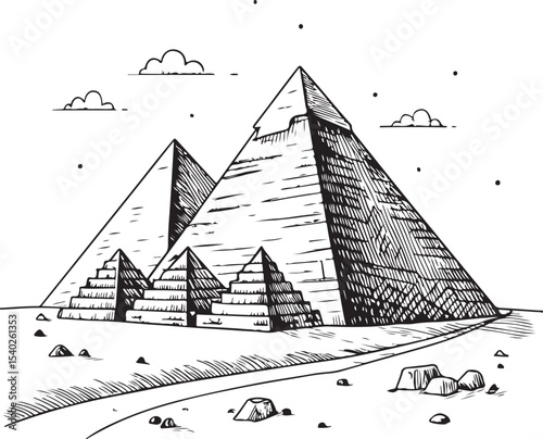 Great Pyramid of Giza Vector Illustration, Sketch Drawing Line Linear Symbol Icon Engraving Coloring Book, Hand-drawn Black and White Isolated