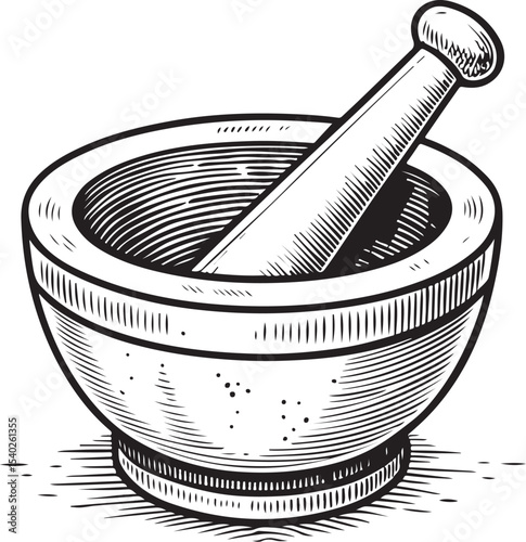 Mortar and pestle Vector Illustration, Sketch Drawing Line Linear Symbol Icon Engraving Coloring Book, Hand-drawn Black and White Isolated