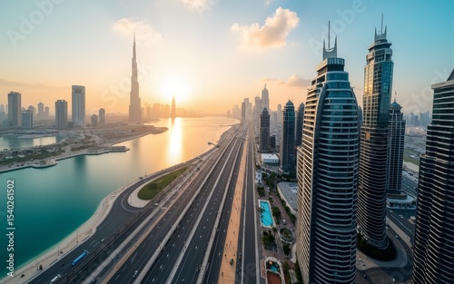 Amazing rooftop view on Dubai Marina skyscrapers and Sheikh Zayed road, Dubai, United Arab Emirates. High quality