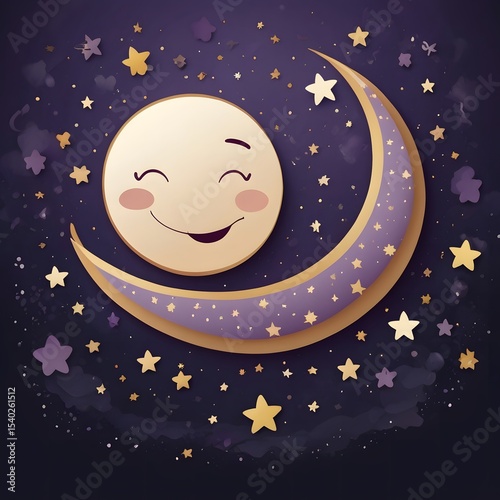 Cute Smiling Moon and Star in Night Sky with Soft Glowing Lights for Kids Nursery Decor