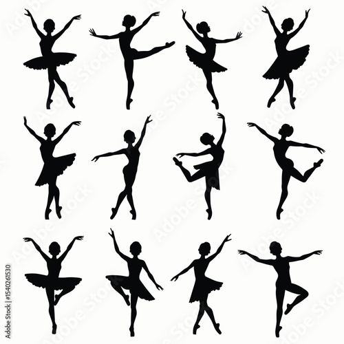 Silhouette Set of Female Ballet Dancer Poses in Various Classic Positions