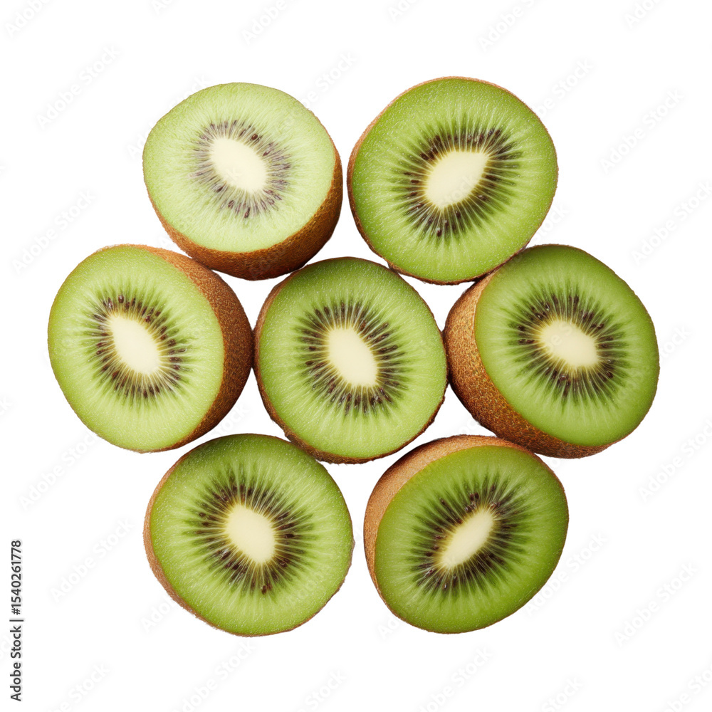 Fototapeta premium Freshly Sliced Kiwi Fruit Displayed in a Circular Arrangement on a White Background for Healthy Eating Concepts Transparent background or png