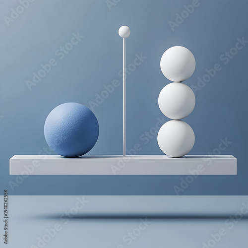 3d white and blue circle balls balancing, isolated on a blue gray background