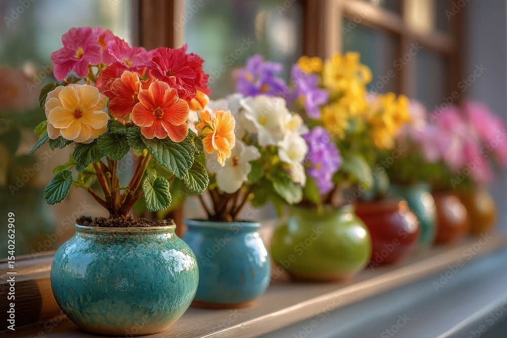 custom made wallpaper toronto digitalVibrant Primrose Plants in Colorful Ceramic Pots Adorn Window Sill, Providing a Touch of Nature Indoors