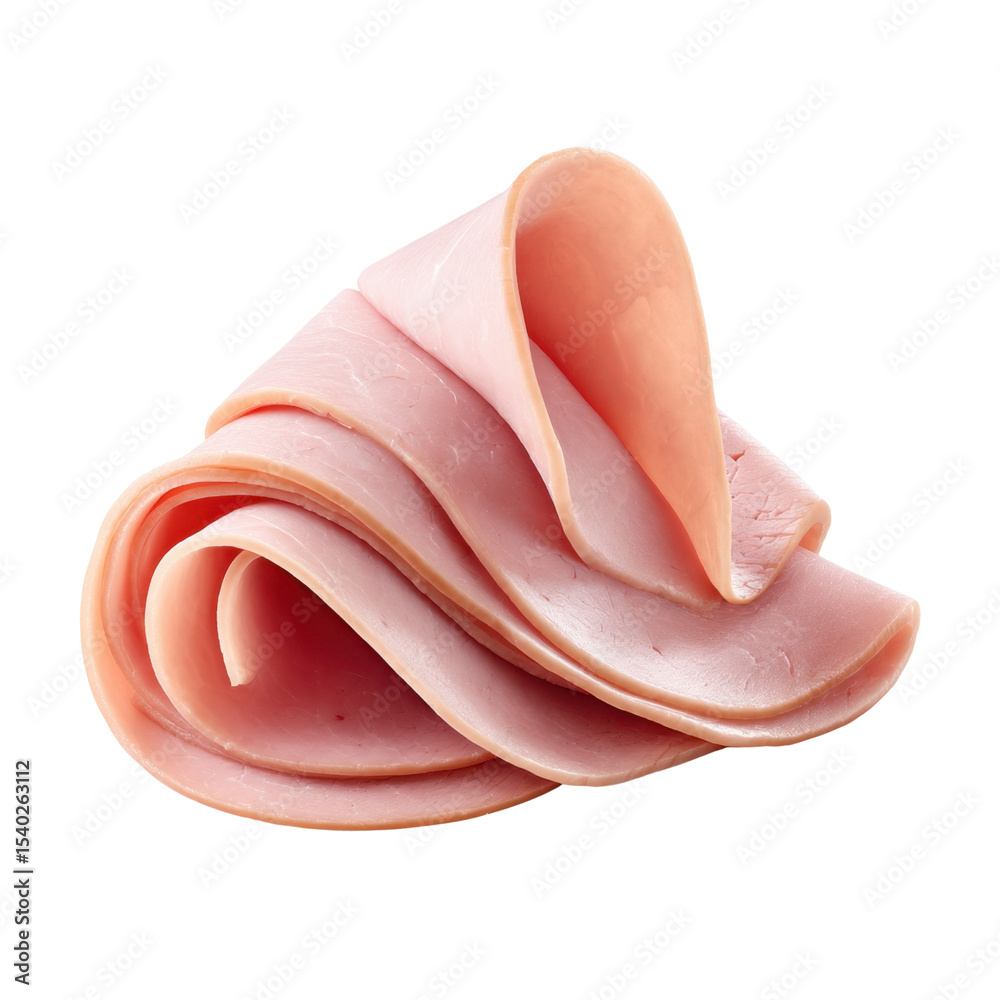 Sliced deli ham arranged in elegant folds on a white background emphasizing texture and color of meat Transparent background or png Sliced deli ham arranged in elegant folds on a white background emphasizing texture and color of meat Transparent background or png