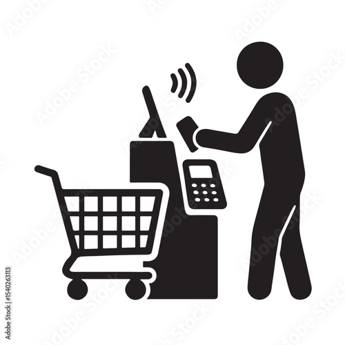 Customer Making Contactless Payment at Self Checkout Machine Vector