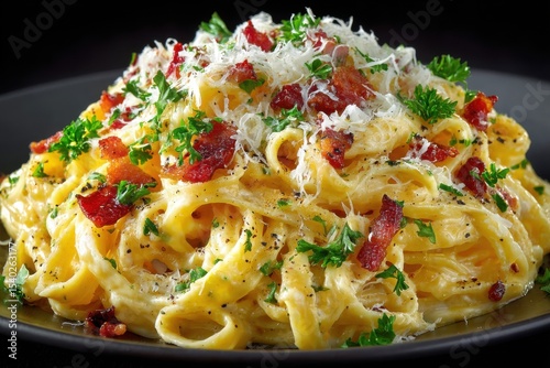 Close up of Fettuccine Carbonara with bacon, parmesan, and parsley on a dark plate against a black background