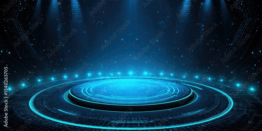 Fototapeta premium Futuristic Blue Circular Stage with Holographic Display and Glowing Light Effects: Empty Podium Surrounded by Bright Stars. Abstract Commercial Background for Tech Presentations, Annual Meetings, and 