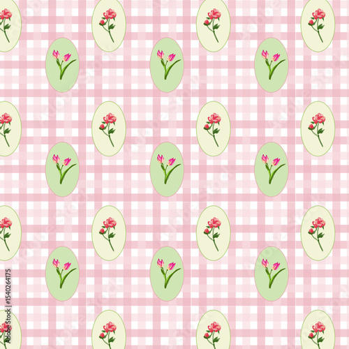 Pattern con sfondo a quadretti rosa e ovali con fiori colorati