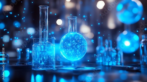 Laboratory glassware illuminated with blue lights and sparkling reflections.