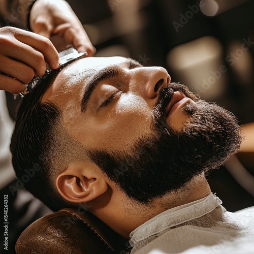 Bearded man getting beard haircut by barber at barbershop